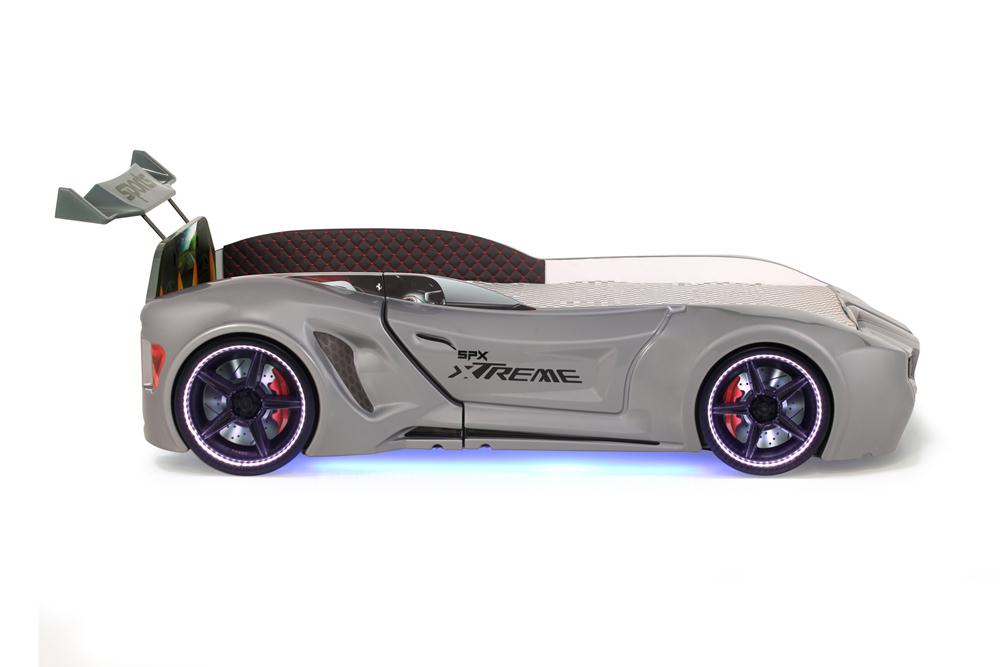 Letto singolo contenitore a forma di auto sportiva colore grigio SPX XTREME con controller e musica, materasso incluso.