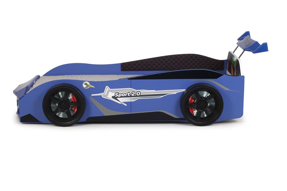 Letto singolo a forma di auto sportiva colore blu SPORT 3.0, materasso incluso.