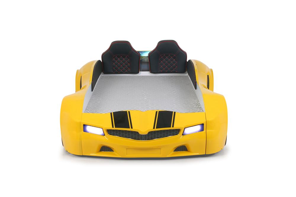 Letto singolo contenitore a forma di auto sportiva colore giallo SPX XTREME con controller e musica, materasso incluso.