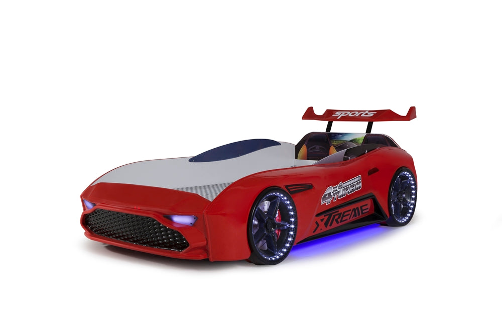 Einzelbett in Form eines ASTON-Sportwagens, rot, inklusive Matratze.