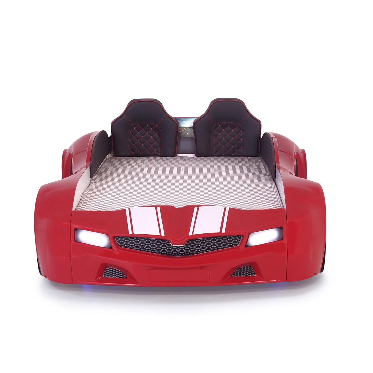Letto singolo contenitore a forma di auto sportiva colore rosso SPX XTREME con controller e musica, materasso incluso.