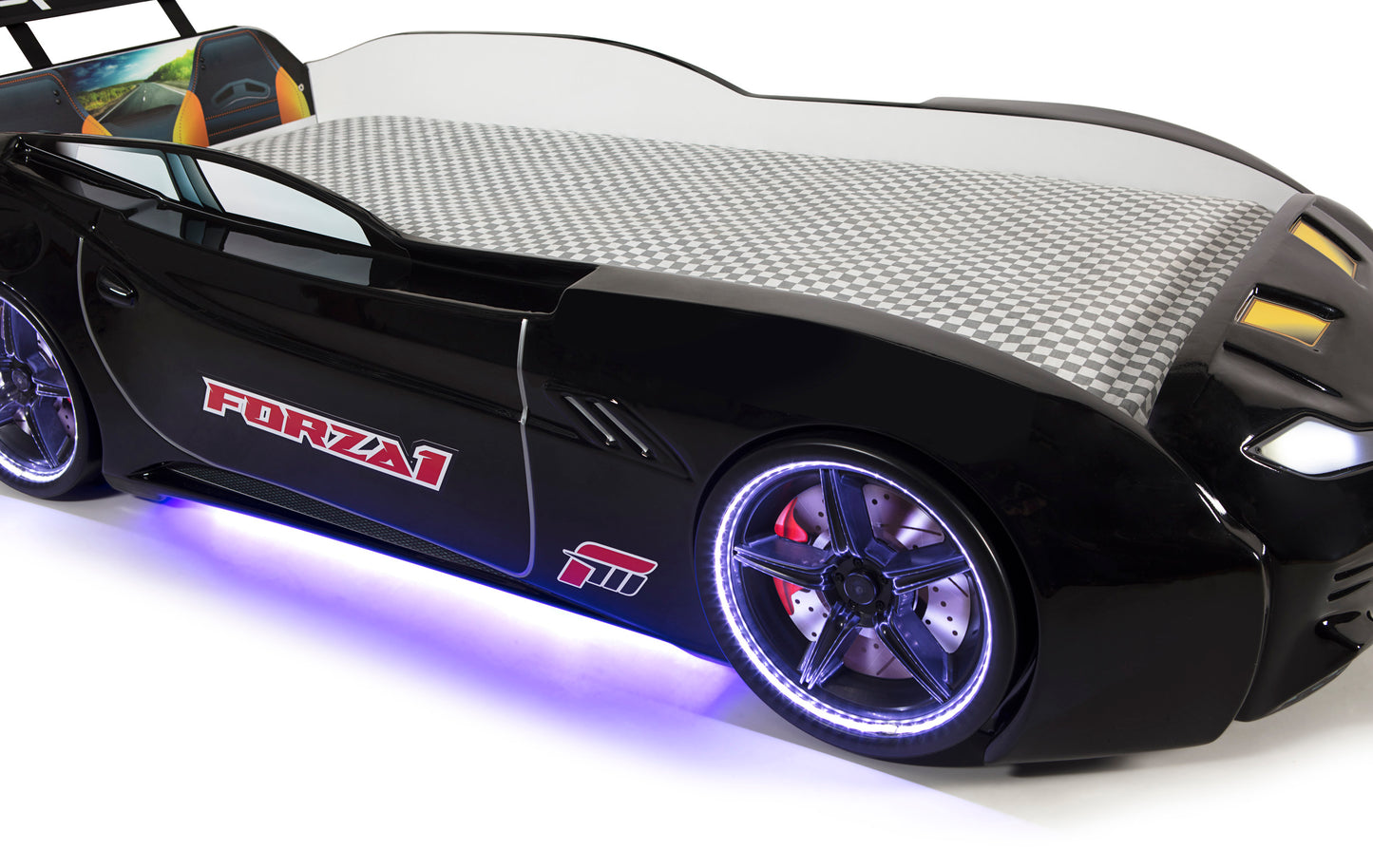 Letto singolo contenitore a forma di auto sportiva colore nero MAXI con comandi e musica, materasso incluso.