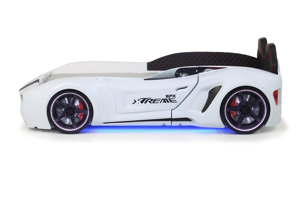 Letto singolo contenitore a forma di auto sportiva colore bianco SPX XTREME con controller e musica, materasso incluso.