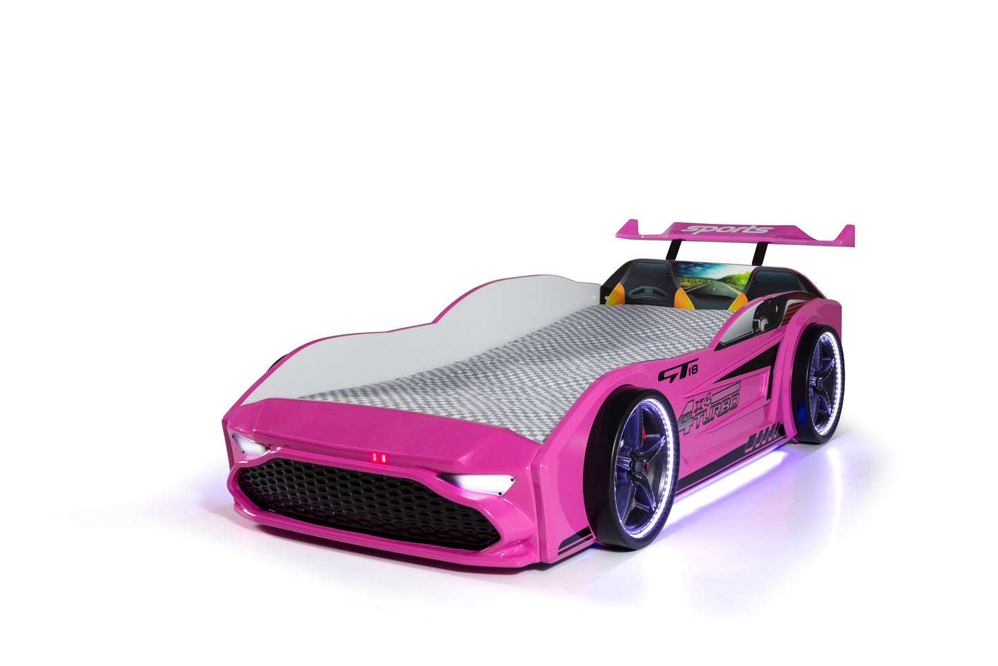 Letto singolo contenitore a forma di auto sportiva colore rosa GT18, materasso incluso.