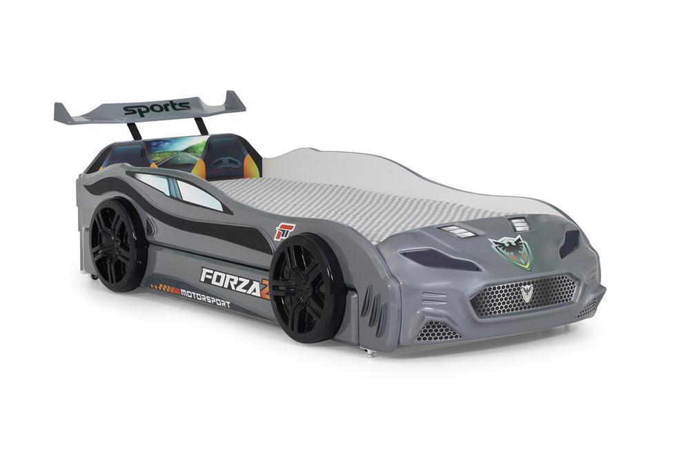 Letto singolo con secondo letto estraibile a forma di auto sportiva colore grigio FORZA2, materassi inclusi.