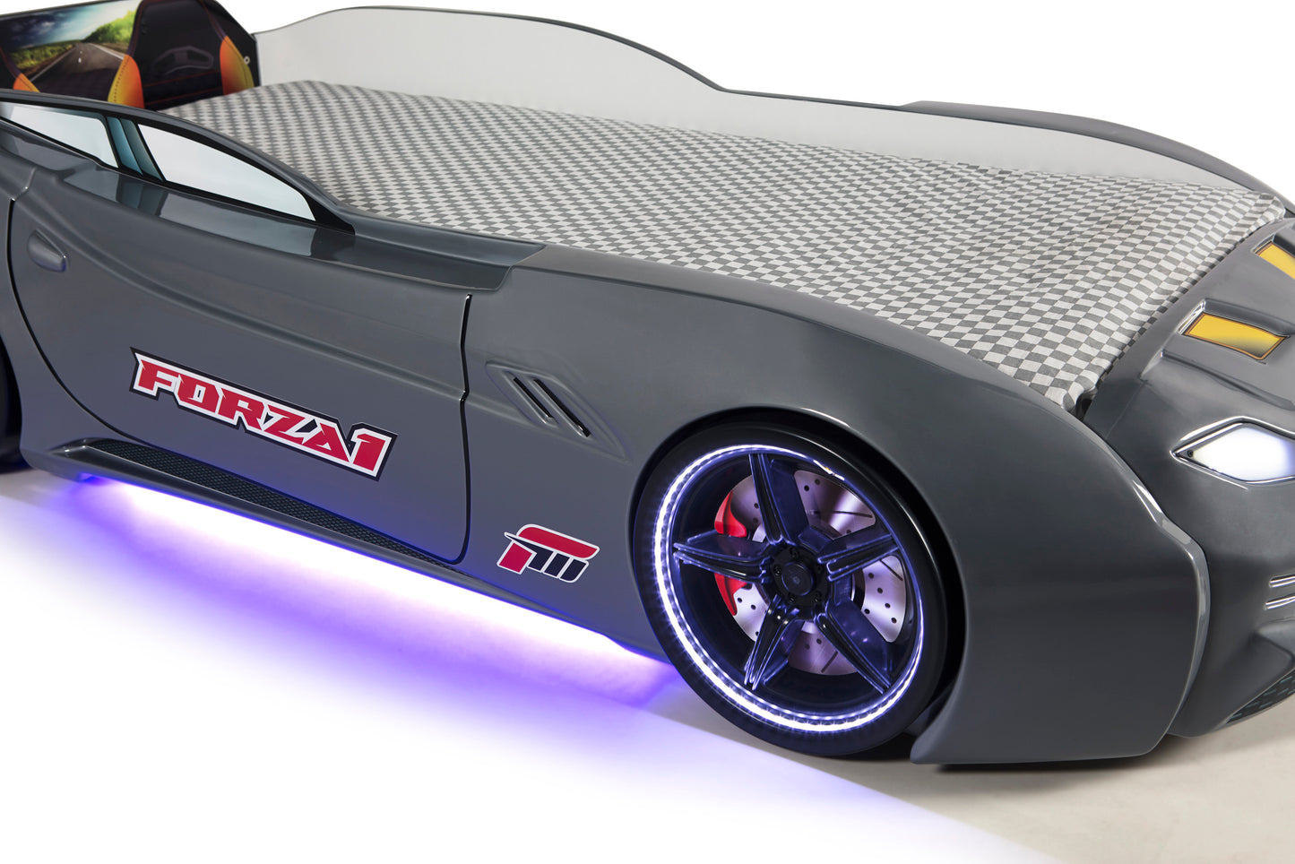 Letto singolo contenitore a forma di auto sportiva colore grigio MAXI con comandi e musica, materasso incluso.