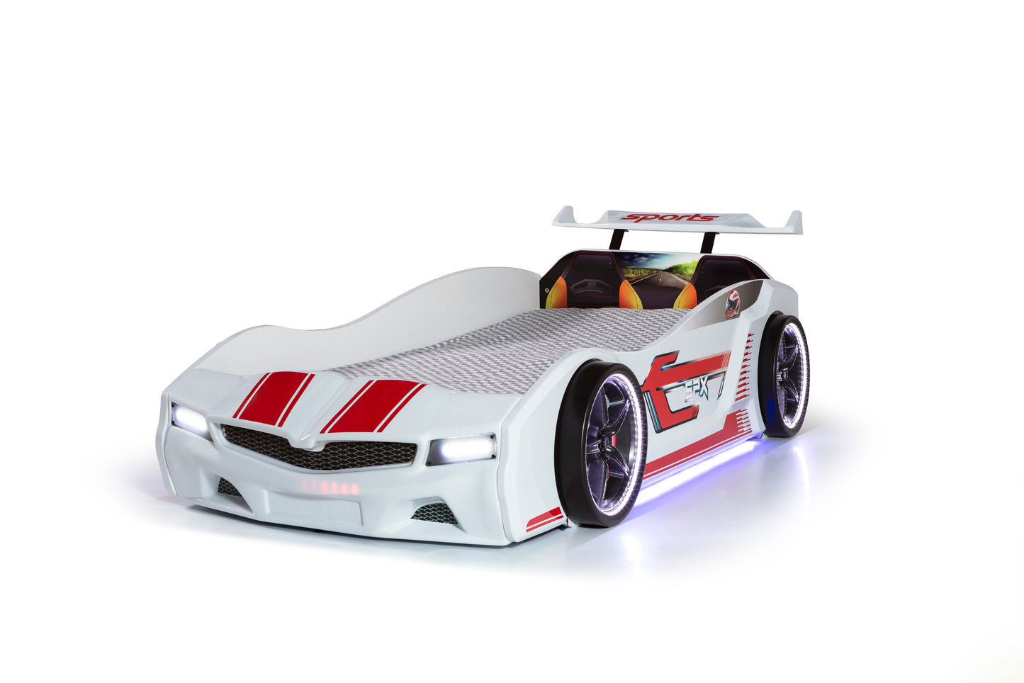 Letto singolo contenitore a forma di auto sportiva colore bianco SPX, materasso incluso.