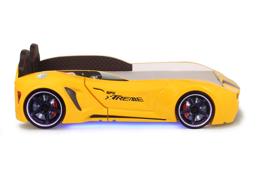 Letto singolo contenitore a forma di auto sportiva colore giallo SPX XTREME con controller e musica, materasso incluso.