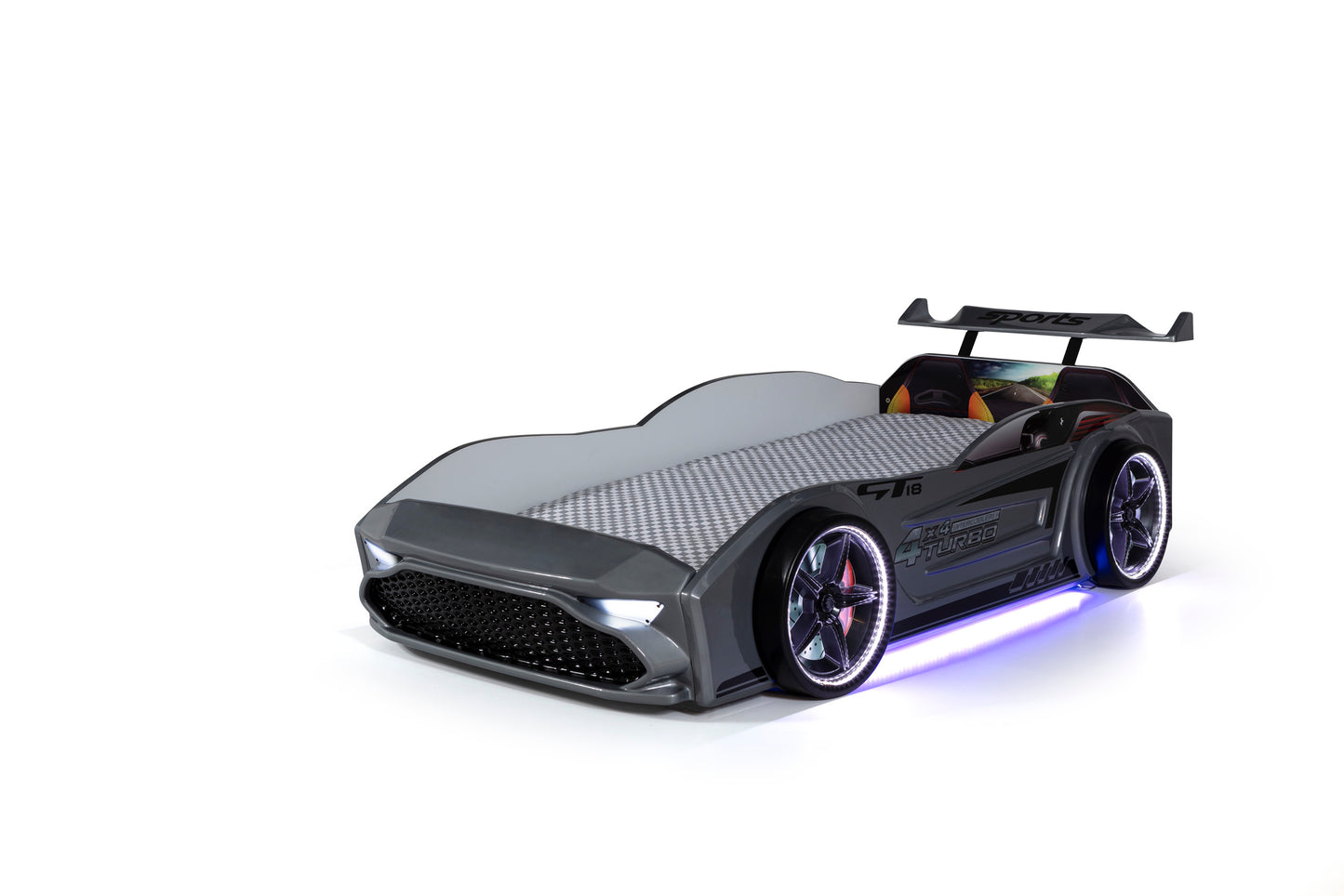 Letto singolo contenitore a forma di auto sportiva colore grigio GT18, materasso incluso.