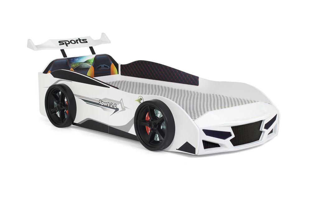 Letto singolo a forma di auto sportiva colore bianco SPORT 3.0, materasso incluso.