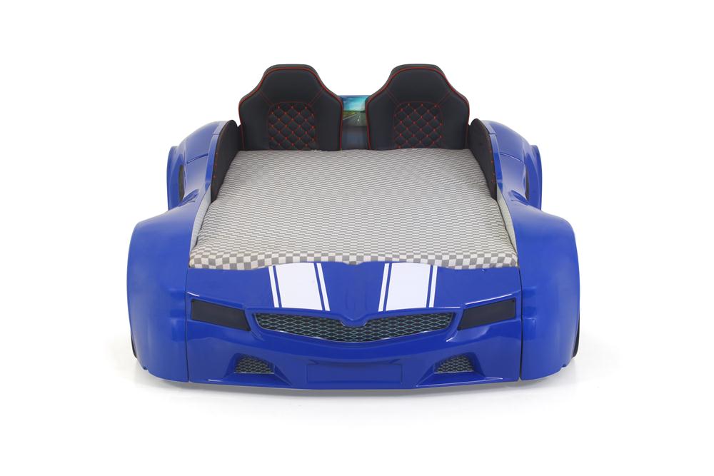 Letto singolo contenitore a forma di auto sportiva colore blu SPX XTREME con controller e musica, materasso incluso.