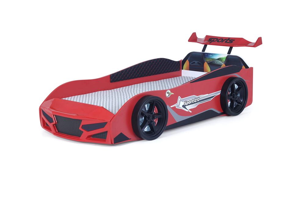 Letto singolo a forma di auto sportiva colore rosso SPORT 3.0, materasso incluso.