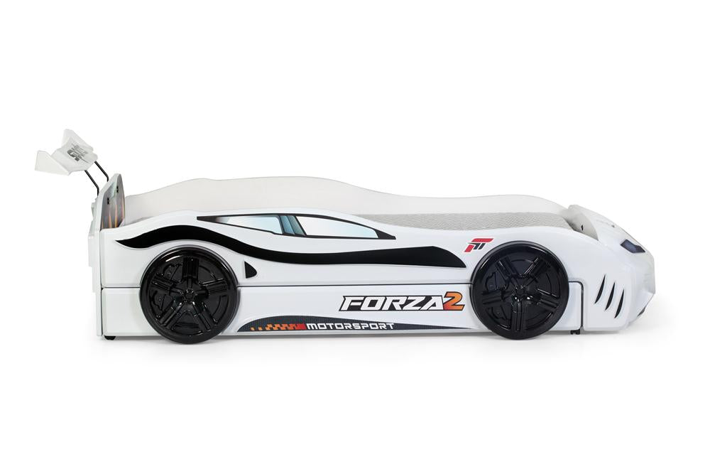 Letto singolo con secondo letto estraibile a forma di auto sportiva colore bianco FORZA2, materassi inclusi.