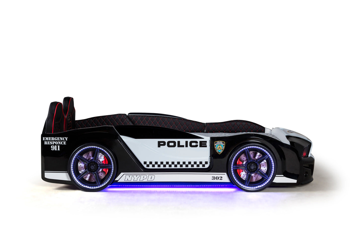 Letto singolo contenitore a forma di auto della polizia MUSTANG colore nero e bianco, con apertura porte, materasso incluso.