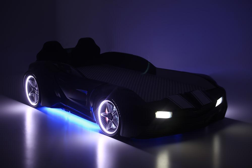 Letto singolo contenitore a forma di auto sportiva colore nero SPX XTREME con controller e musica, materasso incluso.