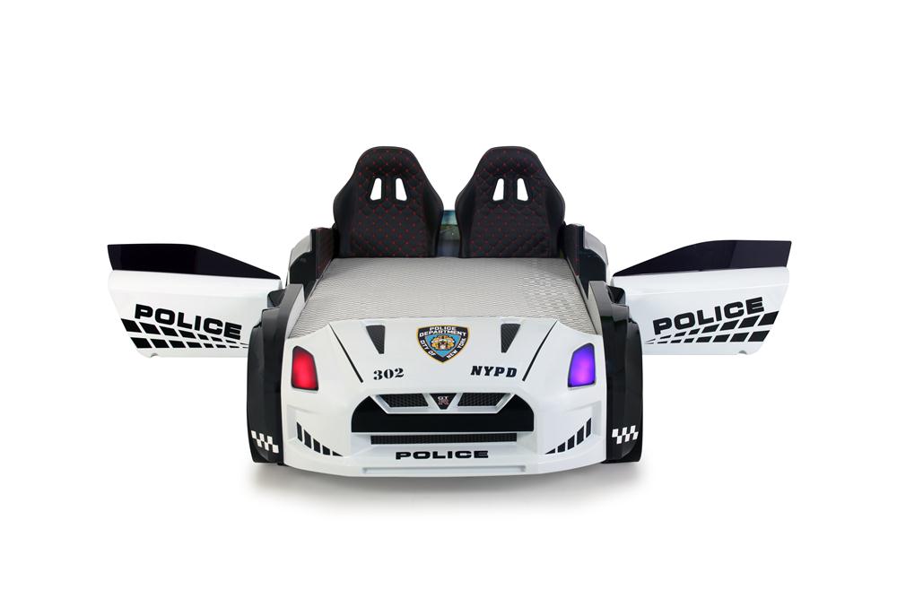 Letto singolo contenitore a forma di auto della polizia colore bianco e nero GTR con apertura porte, materasso incluso.