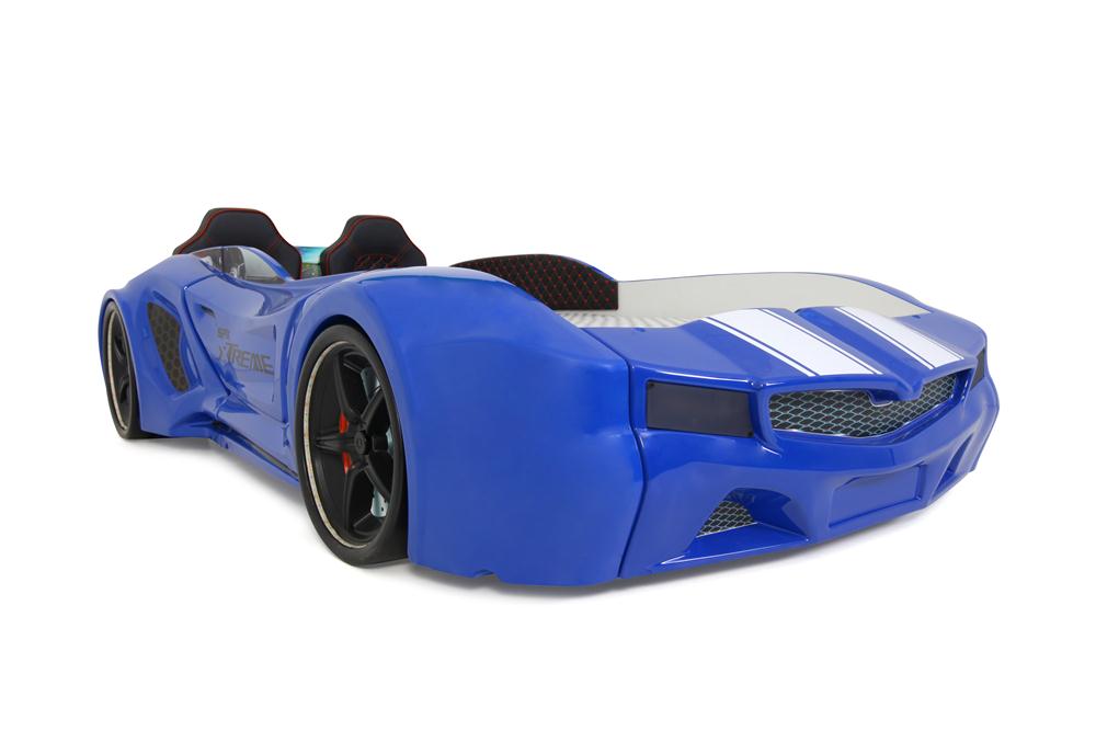 Letto singolo contenitore a forma di auto sportiva colore blu SPX XTREME con controller e musica, materasso incluso.