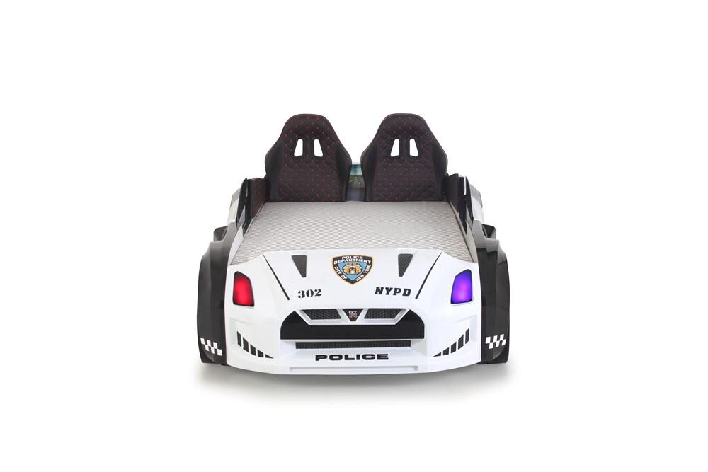 Letto singolo contenitore a forma di auto della polizia colore bianco e nero GTR con apertura porte, materasso incluso.