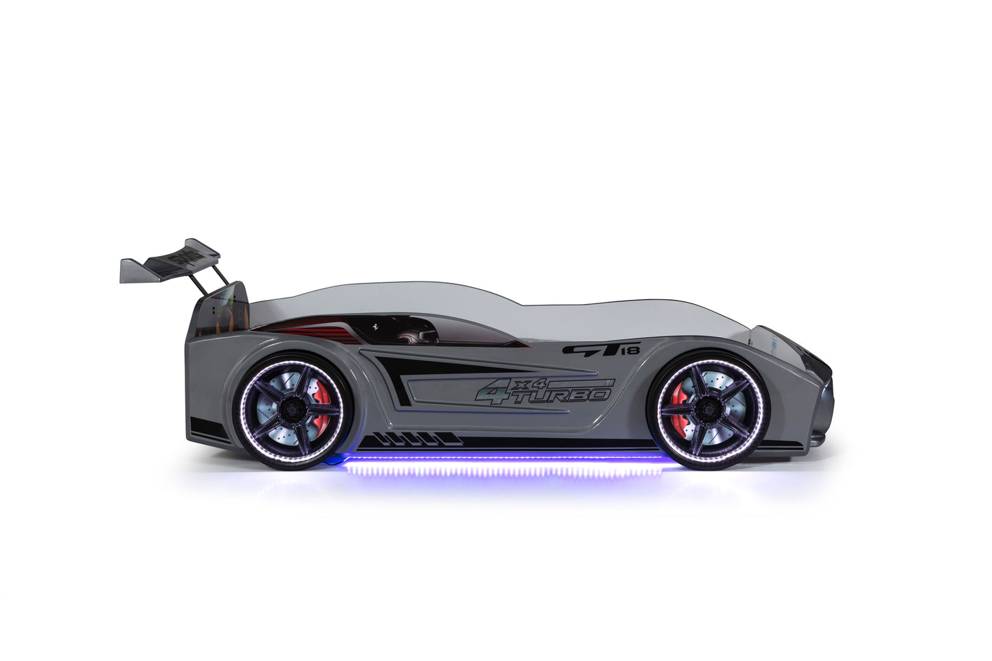 Letto singolo contenitore a forma di auto sportiva colore grigio GT18, materasso incluso.