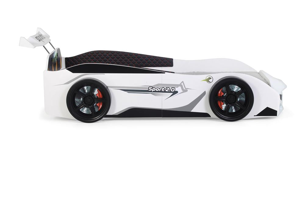 Letto singolo a forma di auto sportiva colore bianco SPORT 3.0, materasso incluso.