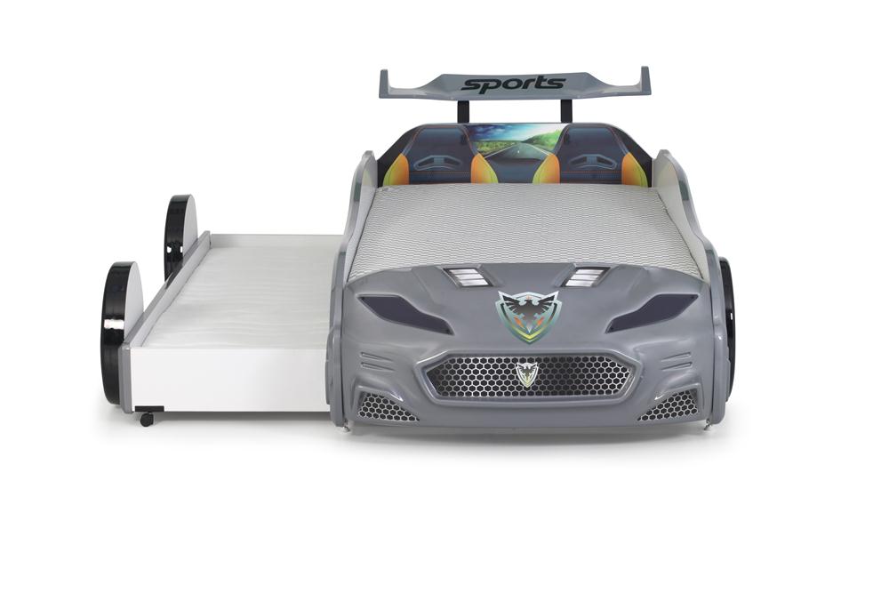 Letto singolo con secondo letto estraibile a forma di auto sportiva colore grigio FORZA2, materassi inclusi.