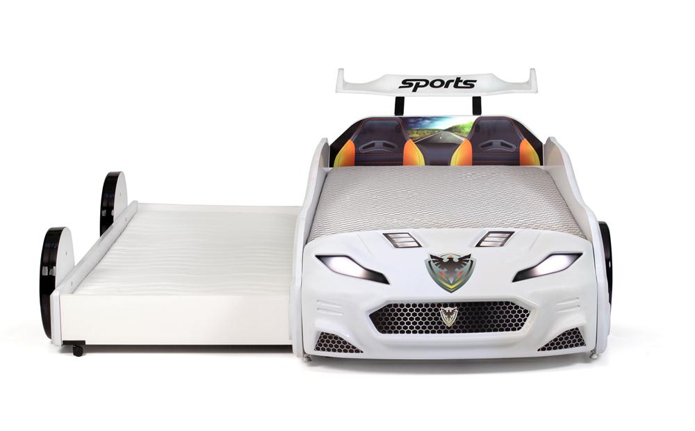 Letto singolo con secondo letto estraibile a forma di auto sportiva colore bianco FORZA2, materassi inclusi.
