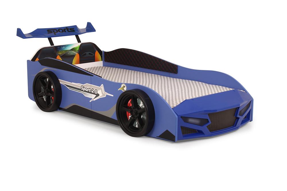 Letto singolo a forma di auto sportiva colore blu SPORT 3.0, materasso incluso.