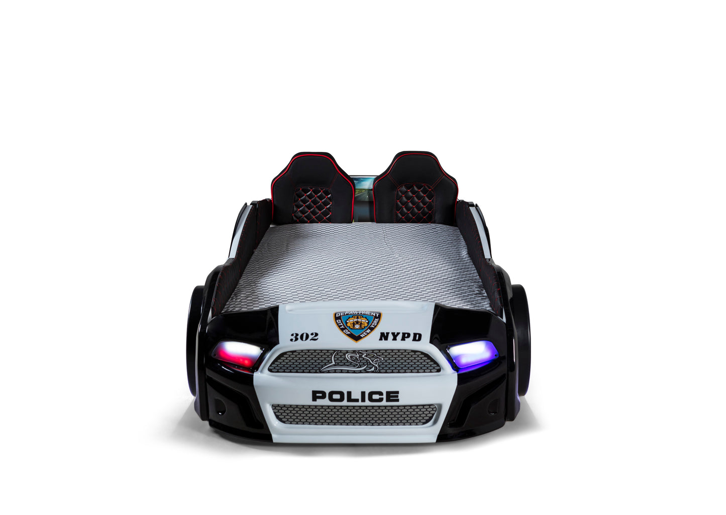 Letto singolo contenitore a forma di auto della polizia MUSTANG colore nero e bianco, con apertura porte, materasso incluso.
