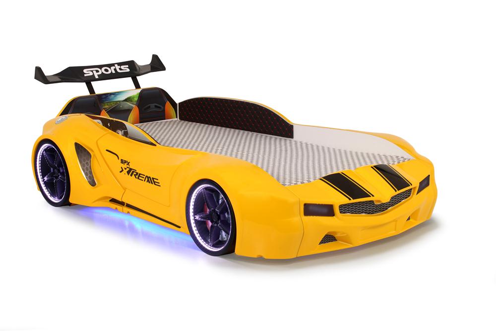 Letto singolo contenitore a forma di auto sportiva colore giallo SPX XTREME con controller e musica, materasso incluso.