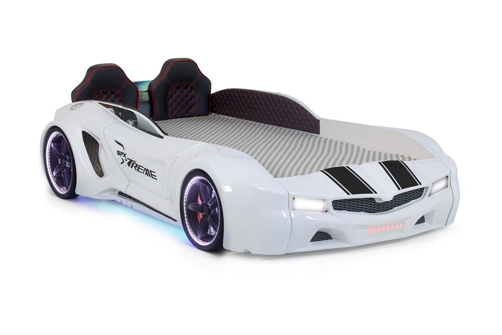 Letto singolo contenitore a forma di auto sportiva colore bianco SPX XTREME con controller e musica, materasso incluso.