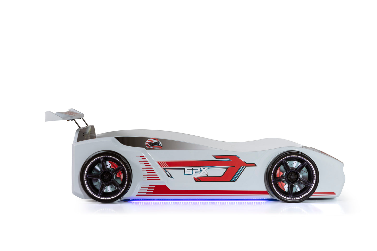 Letto singolo contenitore a forma di auto sportiva colore bianco SPX, materasso incluso.