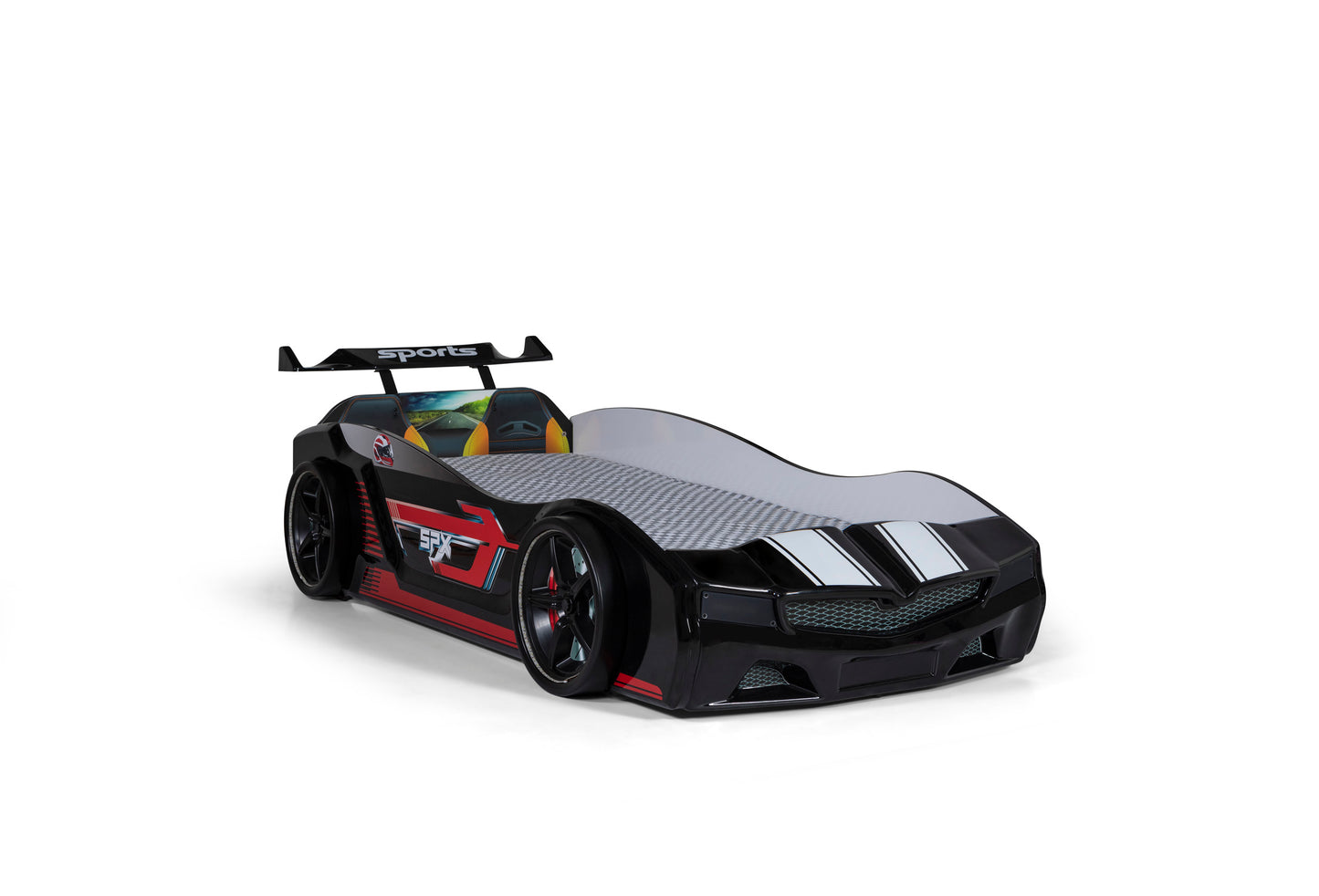 Letto singolo contenitore a forma di auto sportiva colore nero SPX, materasso incluso.