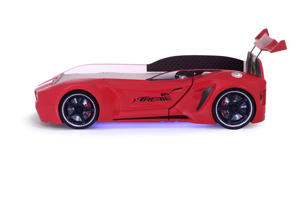 Letto singolo contenitore a forma di auto sportiva colore rosso SPX XTREME con controller e musica, materasso incluso.