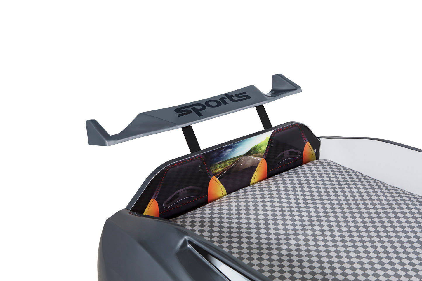 Letto singolo contenitore a forma di auto sportiva colore grigio MAXI con comandi e musica, materasso incluso.