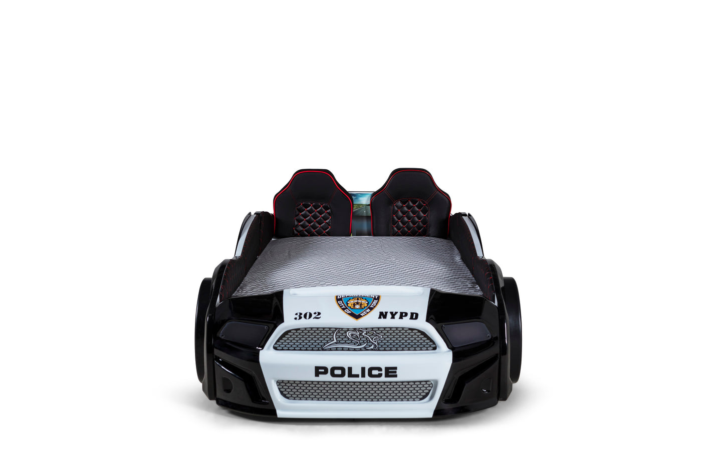 Letto singolo contenitore a forma di auto della polizia MUSTANG colore nero e bianco, con apertura porte, materasso incluso.