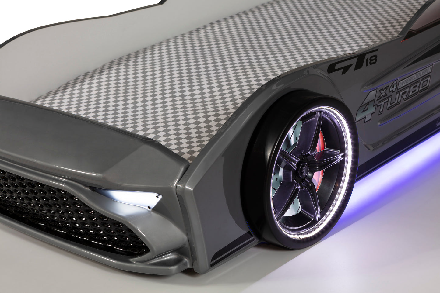 Letto singolo contenitore a forma di auto sportiva colore grigio GT18, materasso incluso.