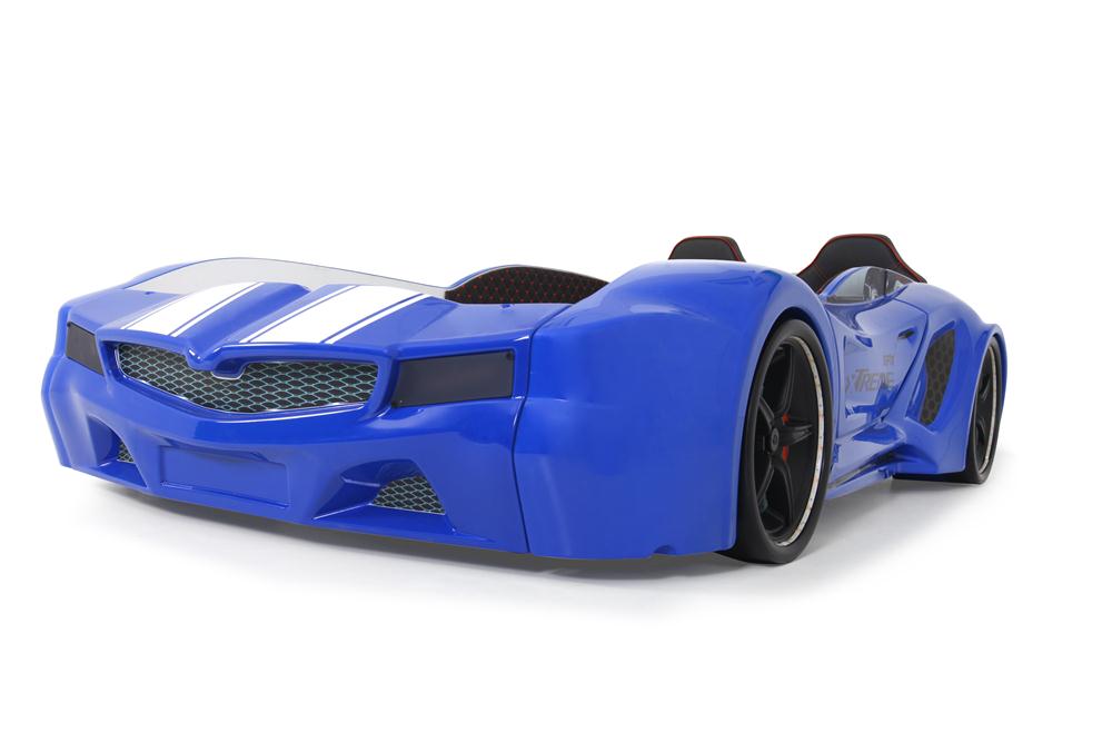 Letto singolo contenitore a forma di auto sportiva colore blu SPX XTREME con controller e musica, materasso incluso.