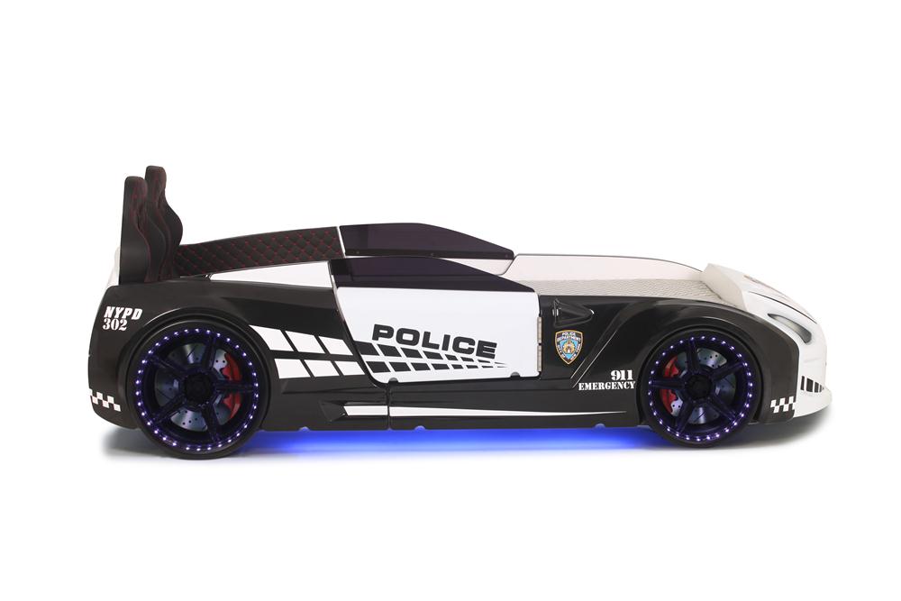 Letto singolo contenitore a forma di auto della polizia colore bianco e nero GTR con apertura porte, materasso incluso.