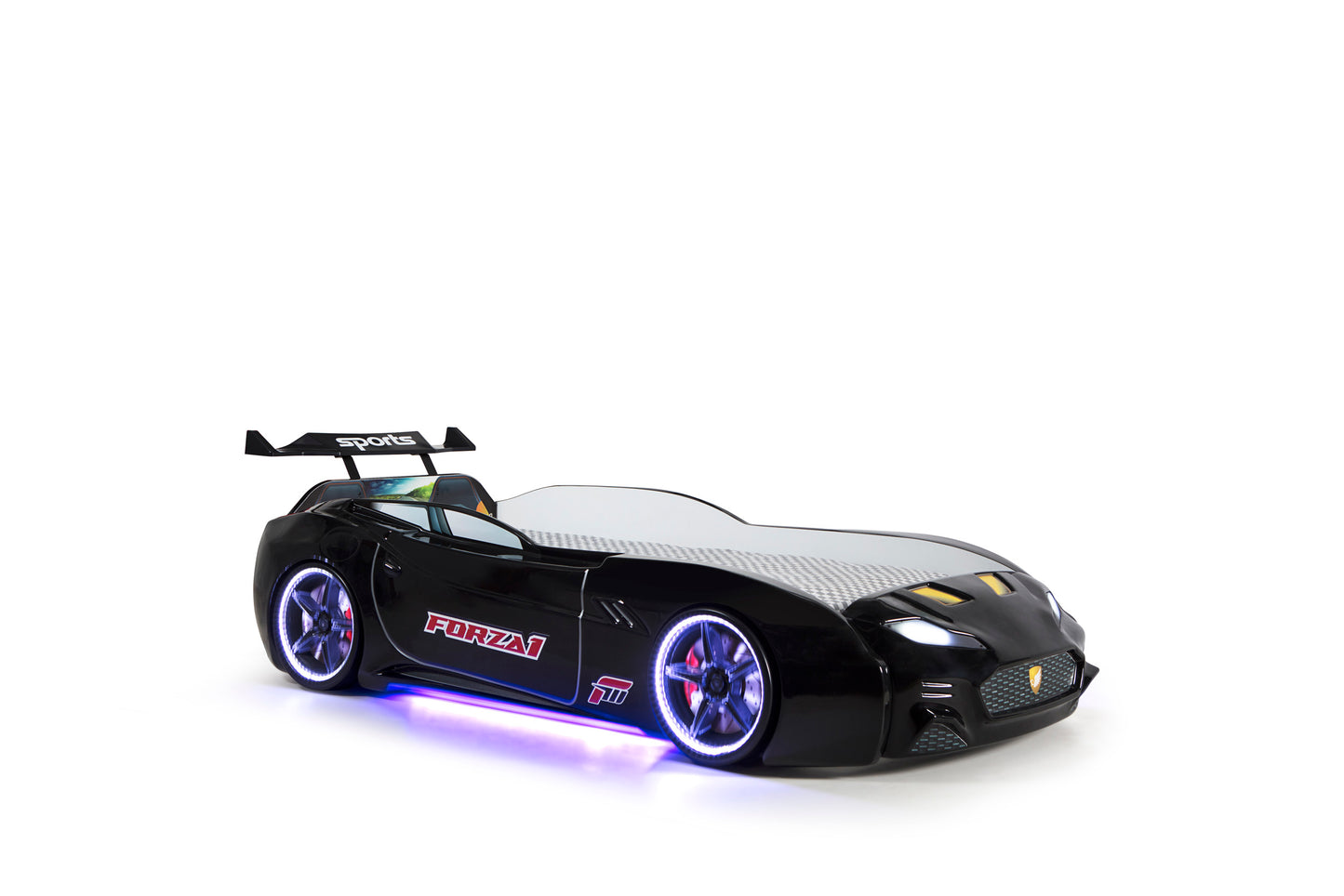 Letto singolo contenitore a forma di auto sportiva colore nero MAXI con comandi e musica, materasso incluso.