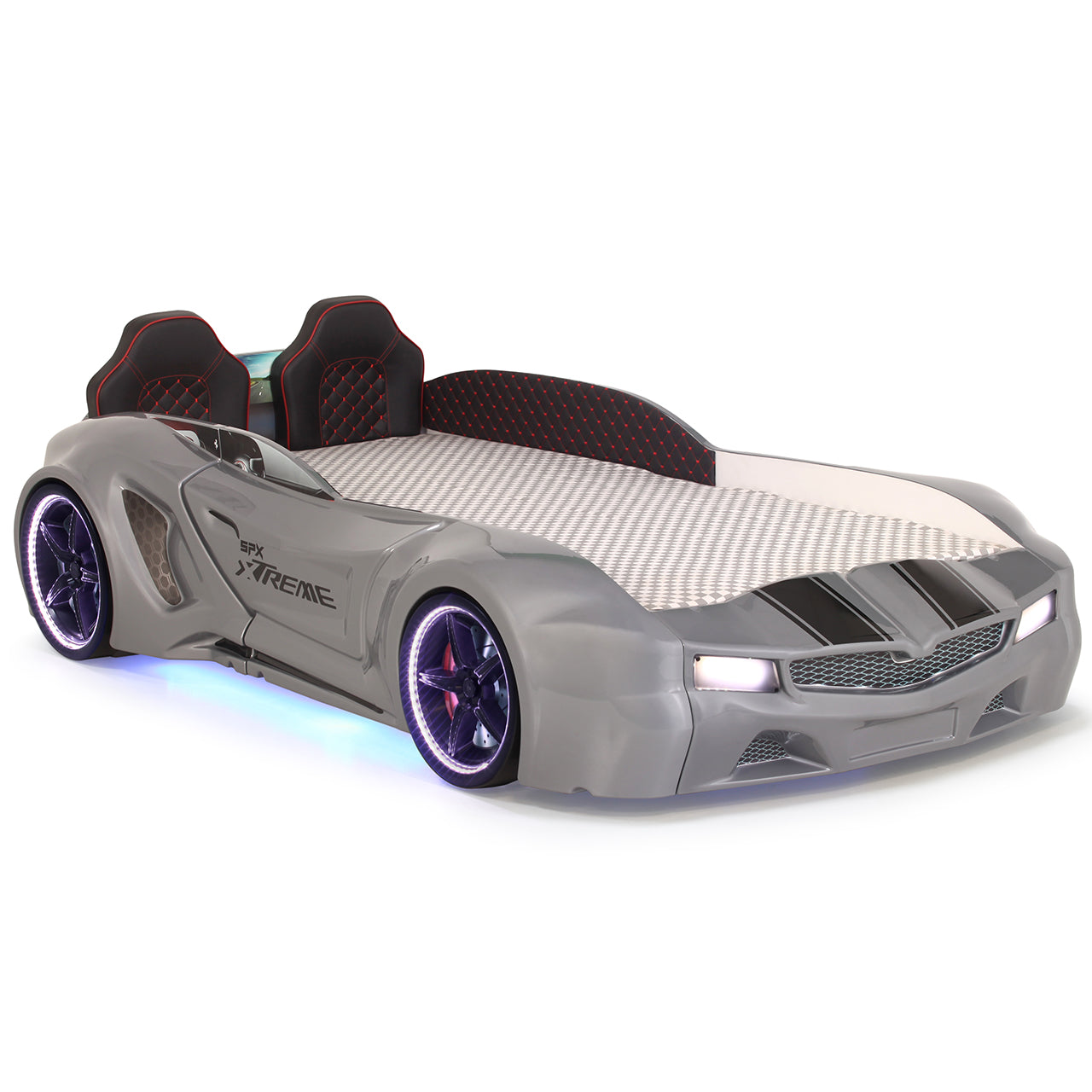 Letto singolo contenitore a forma di auto sportiva colore grigio SPX XTREME con controller e musica, materasso incluso.