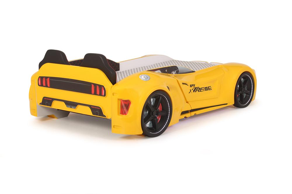 Letto singolo contenitore a forma di auto sportiva colore giallo SPX XTREME con controller e musica, materasso incluso.