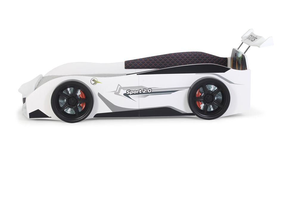 Letto singolo a forma di auto sportiva colore bianco SPORT 3.0, materasso incluso.