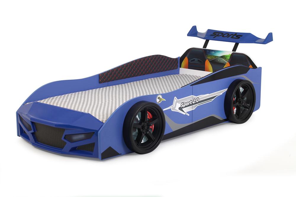 Letto singolo a forma di auto sportiva colore blu SPORT 3.0, materasso incluso.