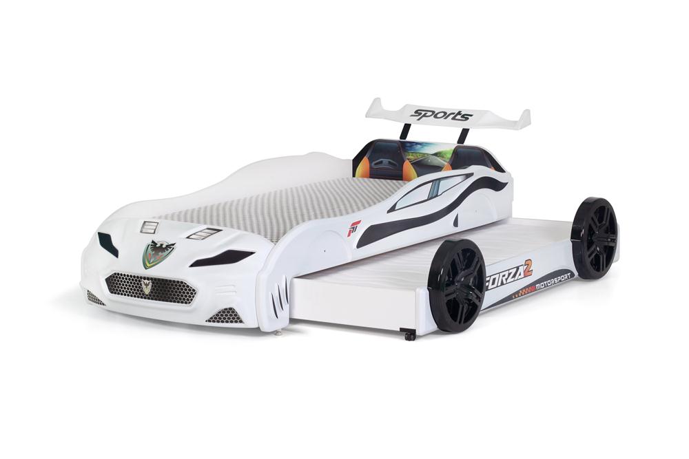 Letto singolo con secondo letto estraibile a forma di auto sportiva colore bianco FORZA2, materassi inclusi.