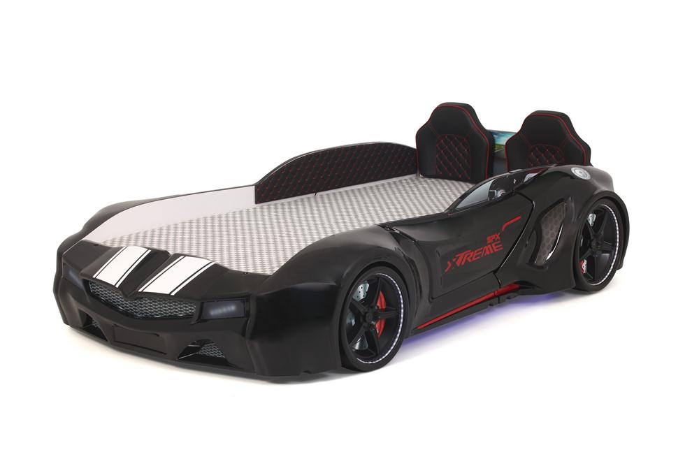 Letto singolo contenitore a forma di auto sportiva colore nero SPX XTREME con controller e musica, materasso incluso.