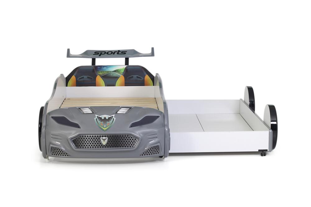 Letto singolo con secondo letto estraibile a forma di auto sportiva colore grigio FORZA2, materassi inclusi.