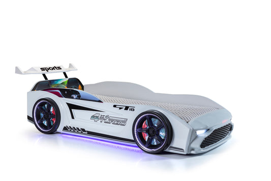 Einzelcontainerbett in Form eines weißen GT18-Sportwagens, inklusive Matratze.