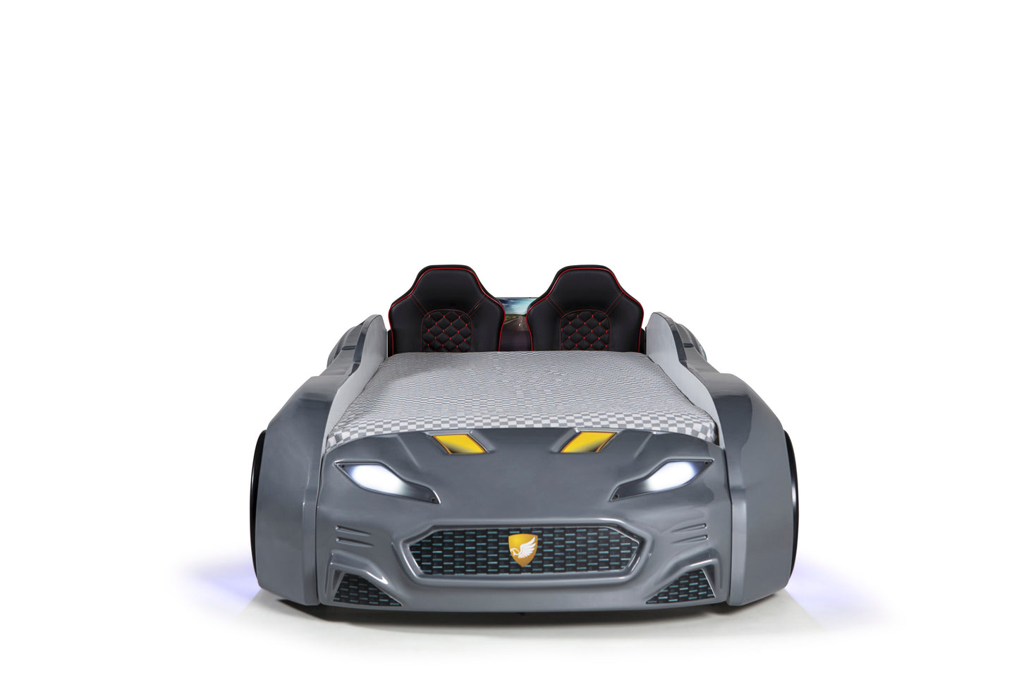 Letto singolo contenitore a forma di auto sportiva colore grigio MAXI con comandi e musica, materasso incluso.