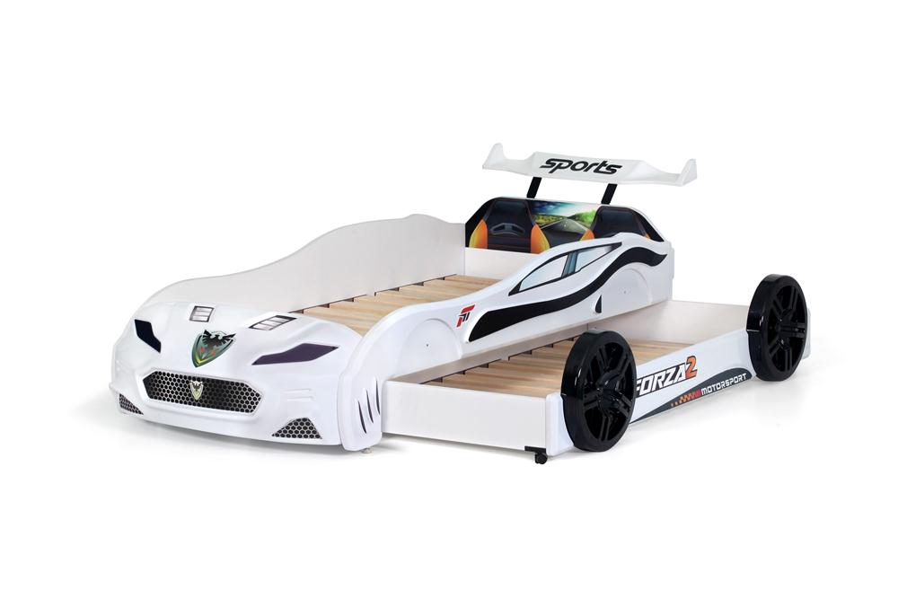 Letto singolo con secondo letto estraibile a forma di auto sportiva colore bianco FORZA2, materassi inclusi.