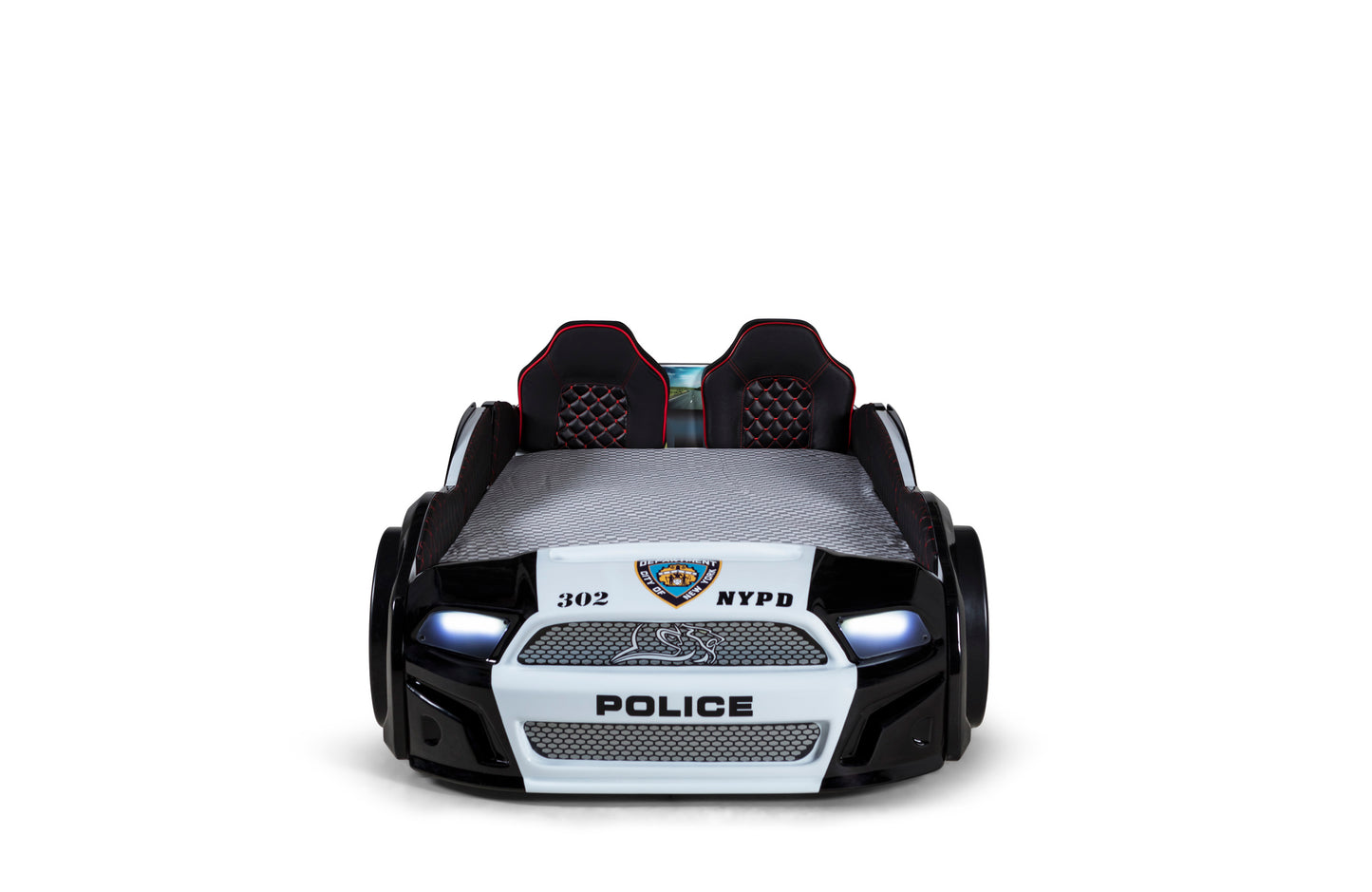 Letto singolo contenitore a forma di auto della polizia MUSTANG colore nero e bianco, con apertura porte, materasso incluso.